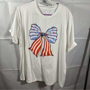Artsal - Stripes & Stars Bow Knot Print T-Shirt - White - XL -